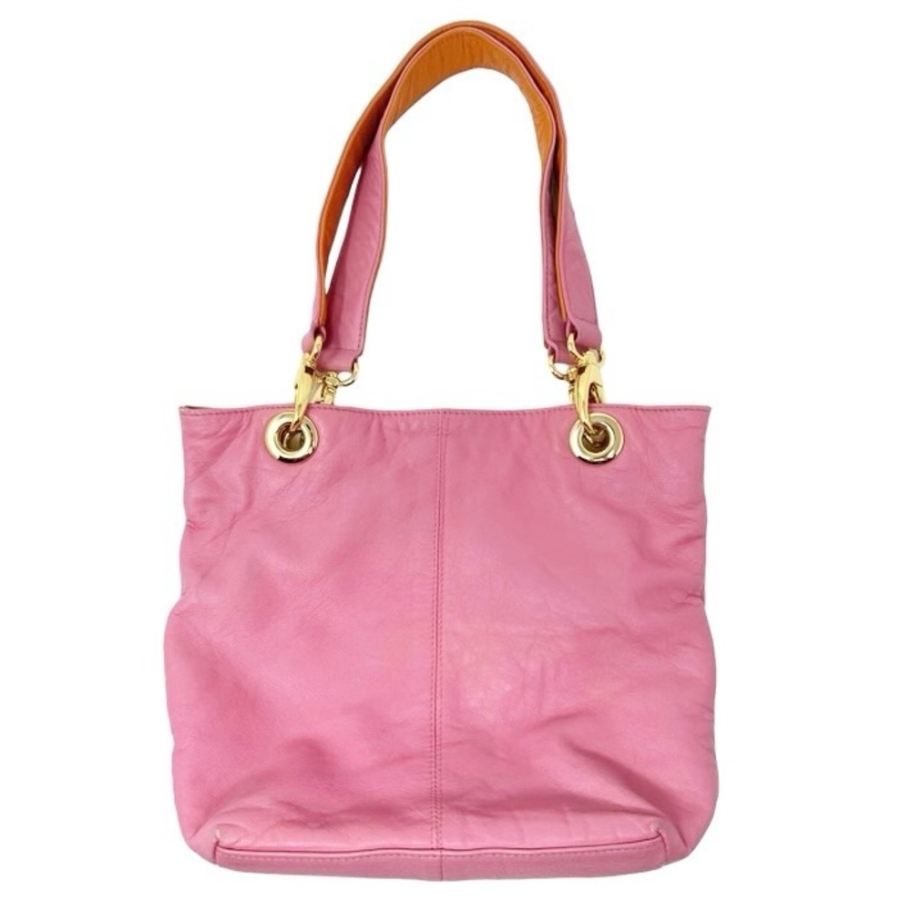 Pink Leather Shoulder Tote Bag with Gold Hardware